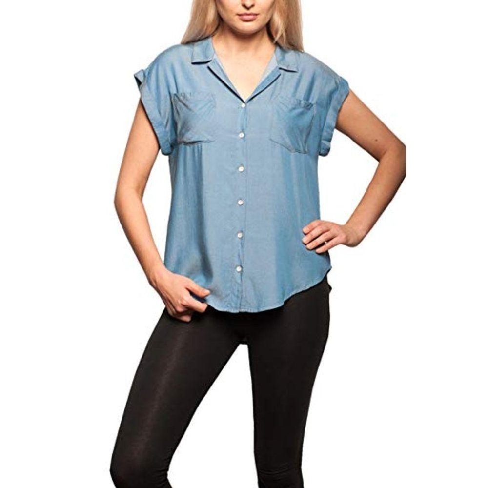 NWT Jachs Girlfriend Cap Sleeve Button-front Shirt in Light Denim Chambray, L